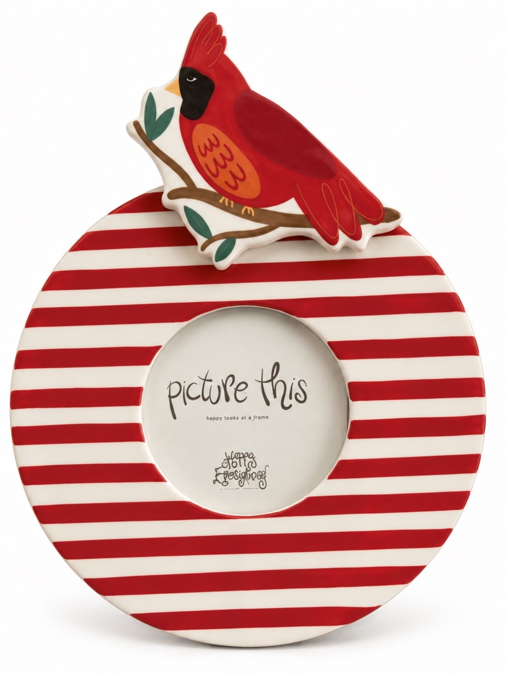 Red and White Striped Picture Frame with Cardinal